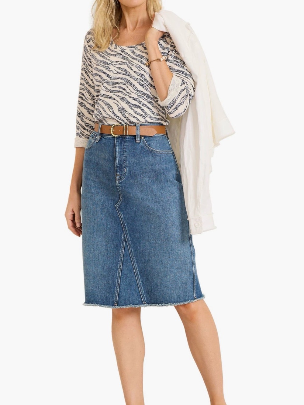 Tommy Bahama Denim Midi Skirt in Blue with Tan Belt